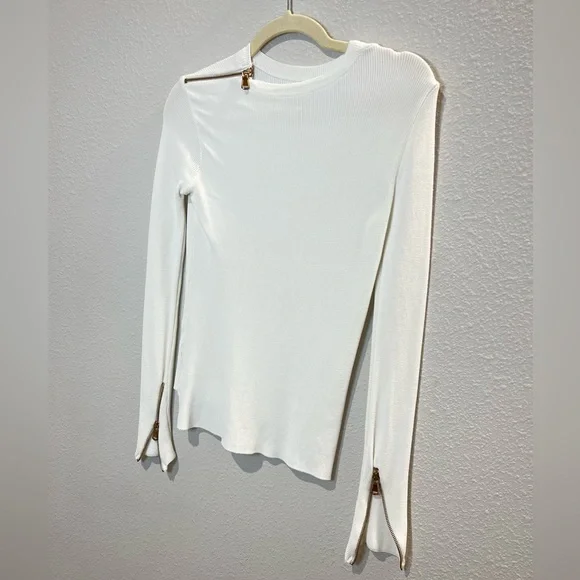 Ribbed Ivory/White Gold Zipper Top Size Small - Picture 8 of 10